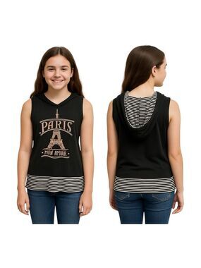 Lily Bleu Girl’s Teen Size L (14) Sleeveless Hooded Paris Black Top